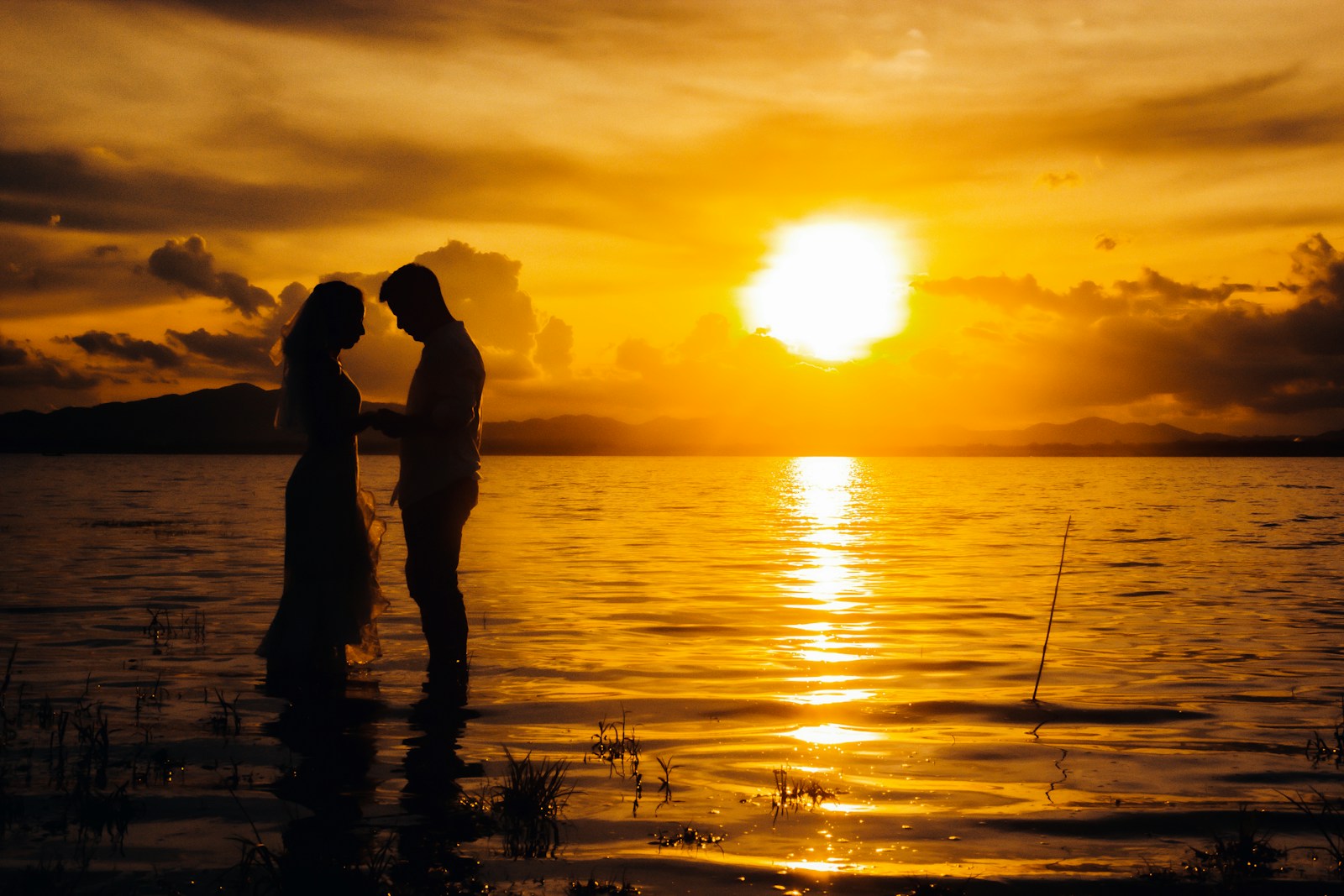 silhouette of couple kissing on beach during sunset